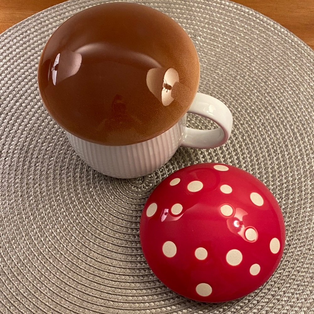 World Market Mushroom Coffee Tea Mug 2 Lids Red Polka Dot /Brown Caps - Picture 3 of 5